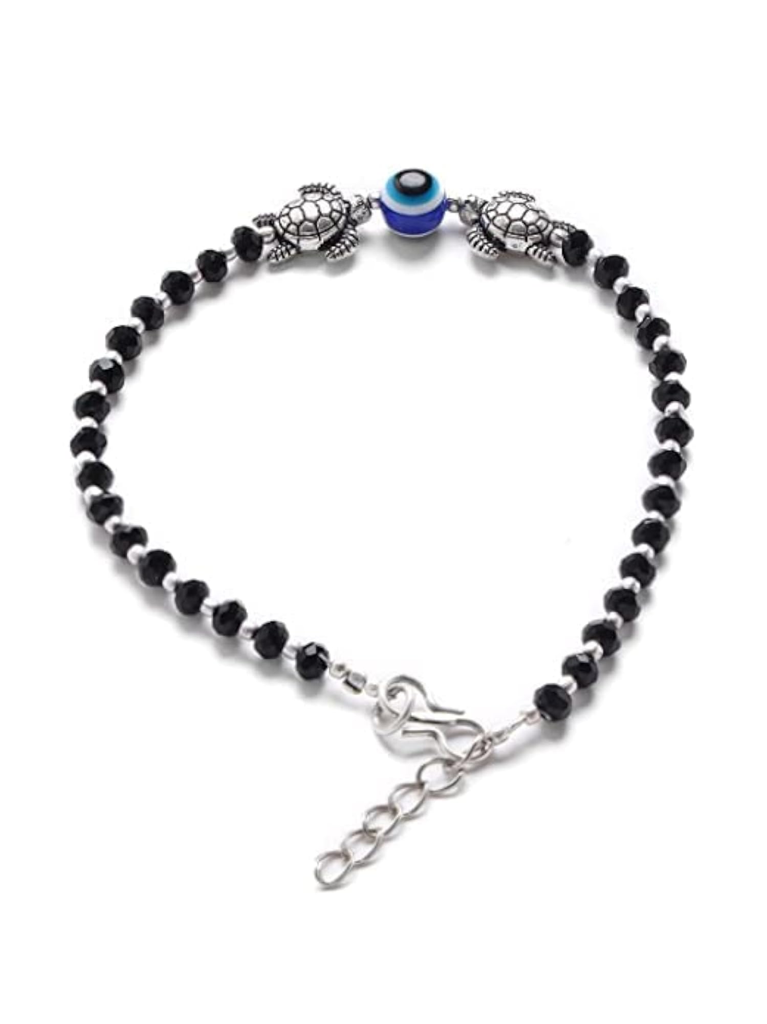 Trendy Black & Silver Ball Beads Anklet with Evil Eye Charm